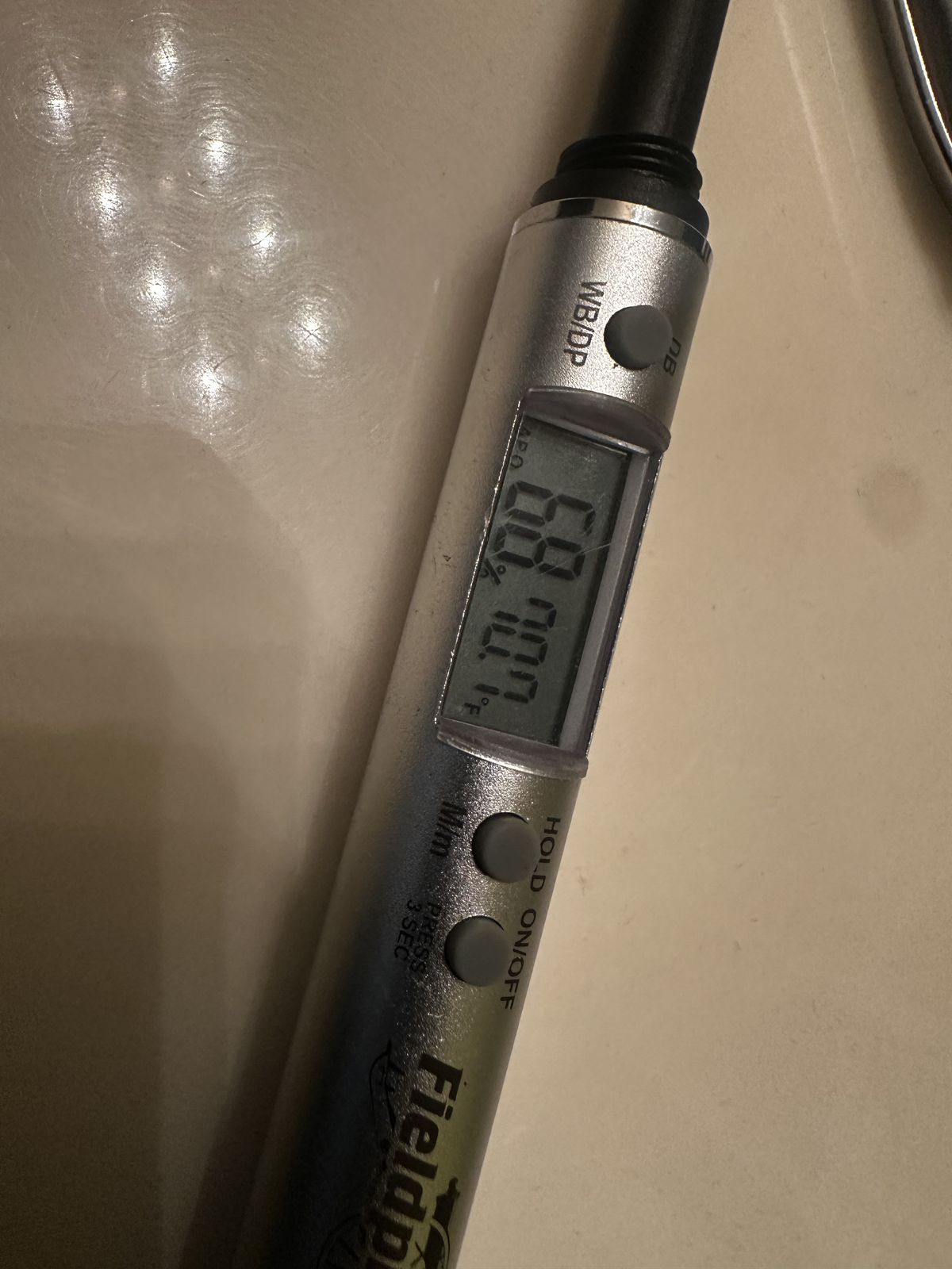A psychrometer reading 68 percent relative humidity at 70 degrees Fahrenheit indoors